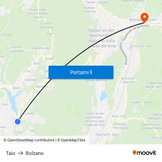 Taio to Bolzano map