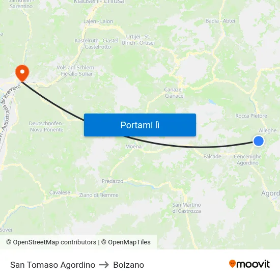 San Tomaso Agordino to Bolzano map
