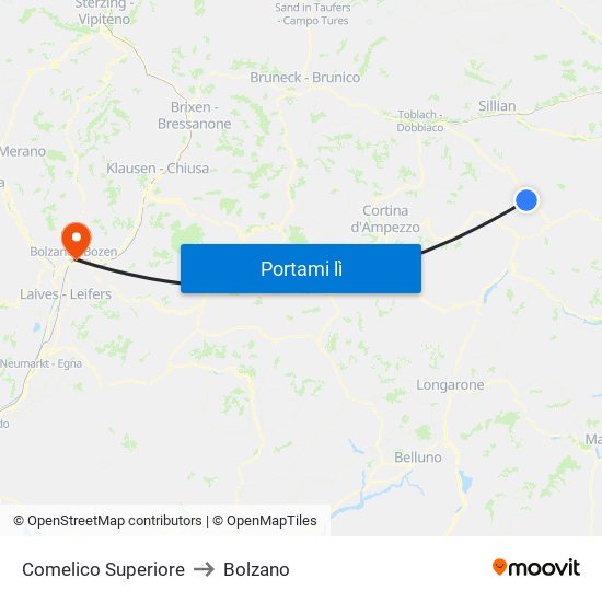Comelico Superiore to Bolzano map