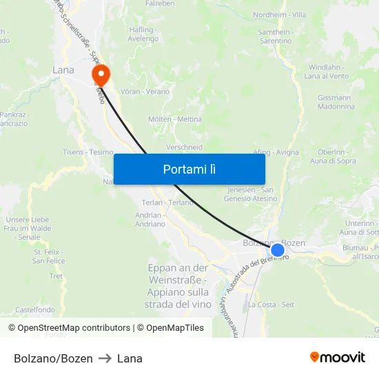 Bolzano/Bozen to Lana map
