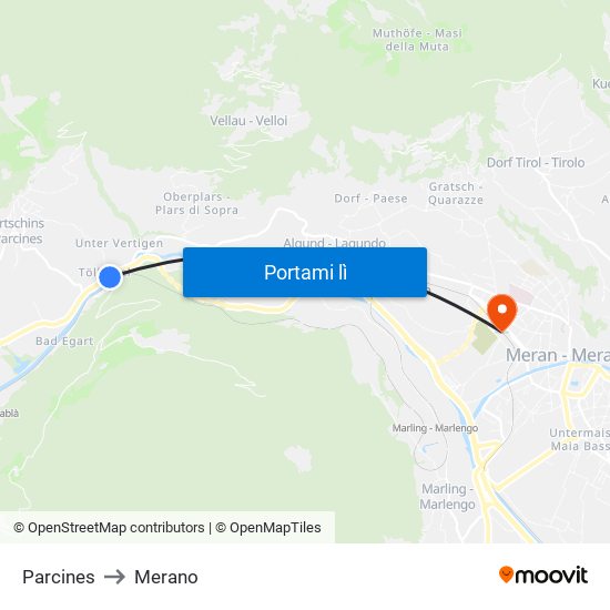 Parcines to Merano map