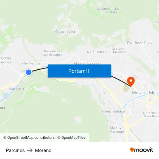 Parcines to Merano map