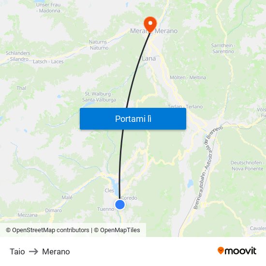 Taio to Merano map