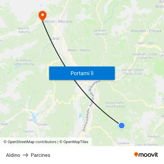 Aldino to Parcines map