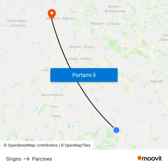 Grigno to Parcines map