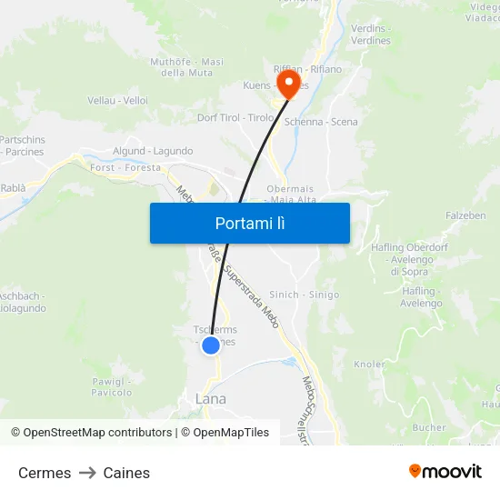 Cermes to Caines map