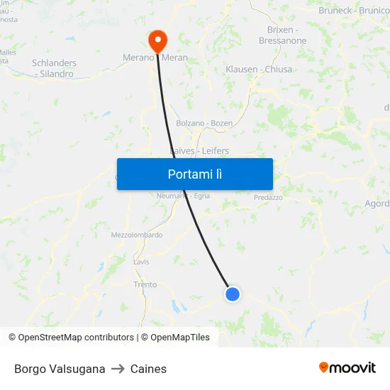 Borgo Valsugana to Caines map