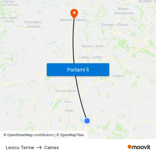 Levico Terme to Caines map