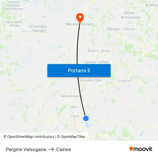 Pergine Valsugana to Caines map