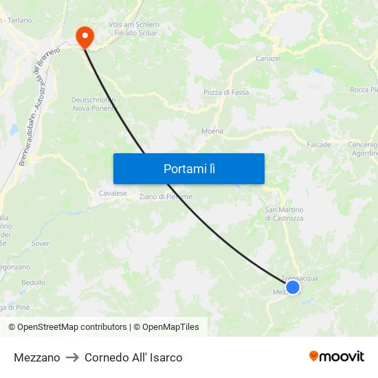 Mezzano to Cornedo All' Isarco map