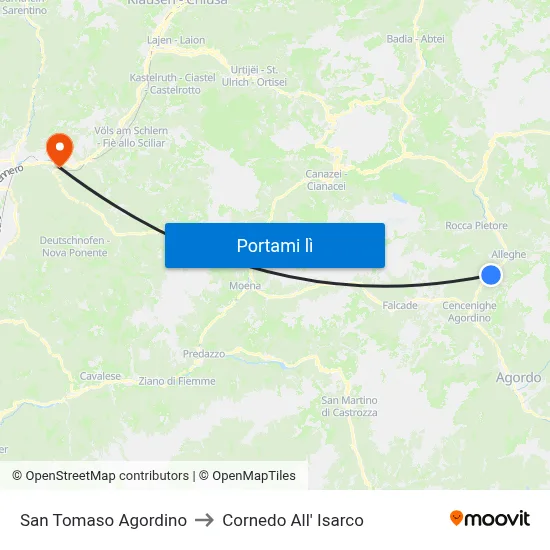San Tomaso Agordino to Cornedo All' Isarco map