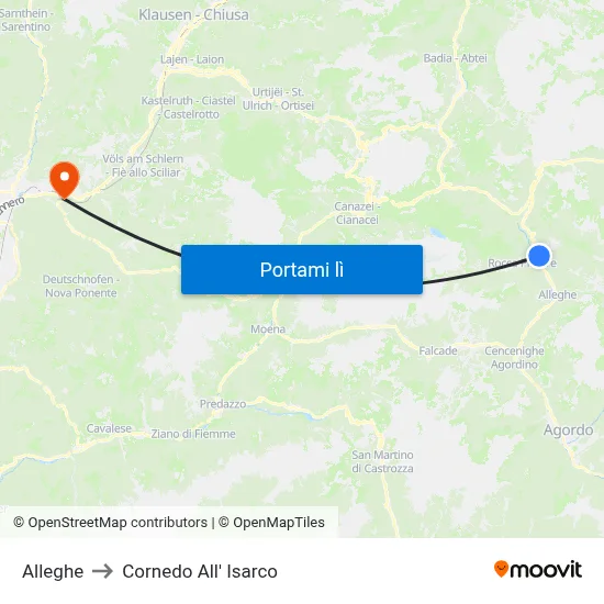 Alleghe to Cornedo All' Isarco map