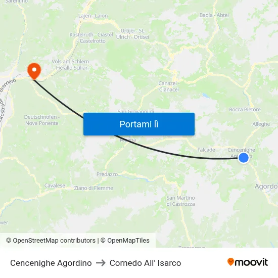 Cencenighe Agordino to Cornedo All' Isarco map