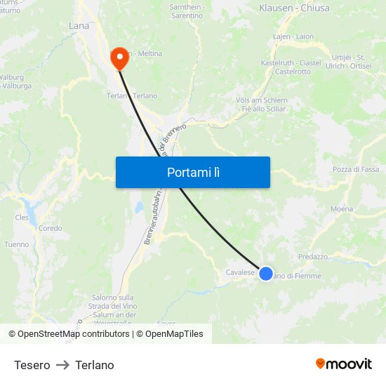 Tesero to Terlano map