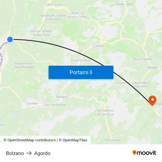 Bolzano to Agordo map