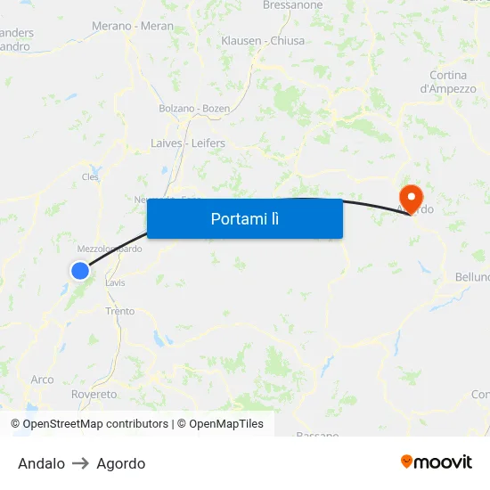 Andalo to Agordo map