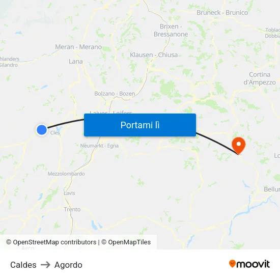 Caldes to Agordo map