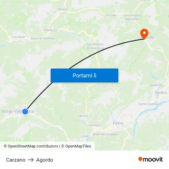 Carzano to Agordo map