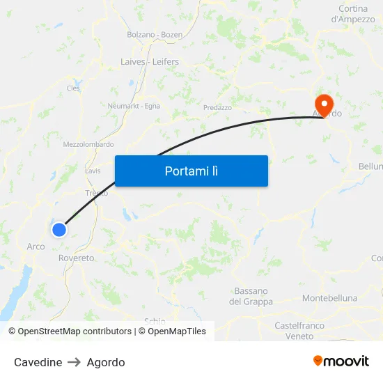 Cavedine to Agordo map