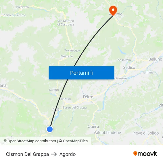 Cismon Del Grappa to Agordo map