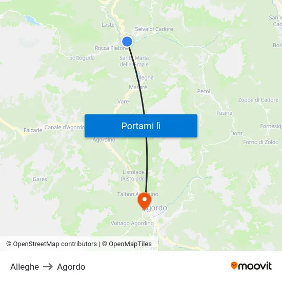 Alleghe to Agordo map