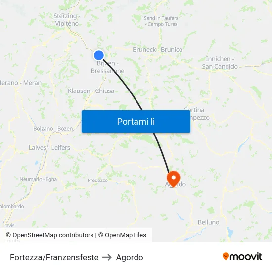 Fortezza/Franzensfeste to Agordo map