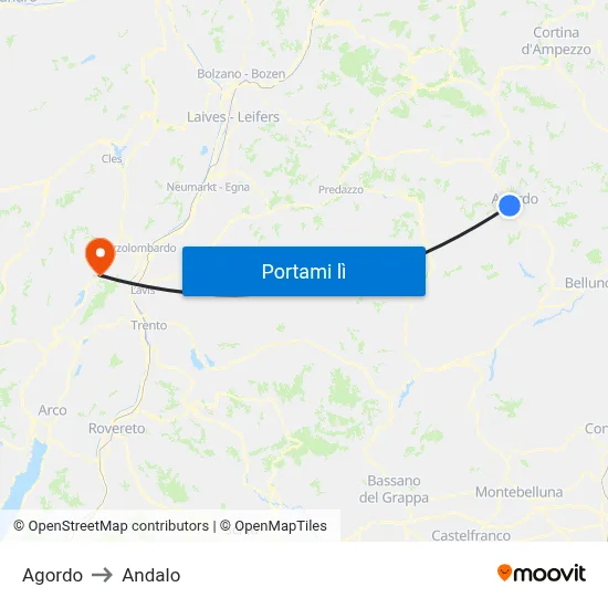 Agordo to Andalo map