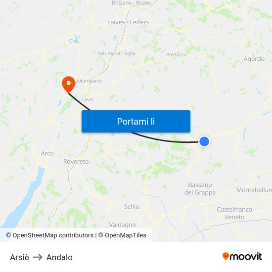 Arsiè to Andalo map