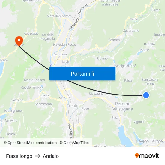 Frassilongo to Andalo map