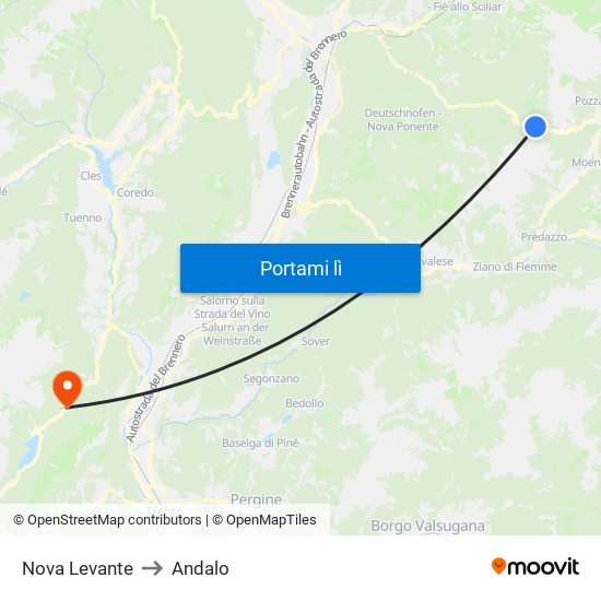 Nova Levante to Andalo map