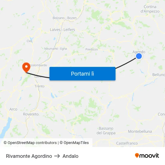 Rivamonte Agordino to Andalo map