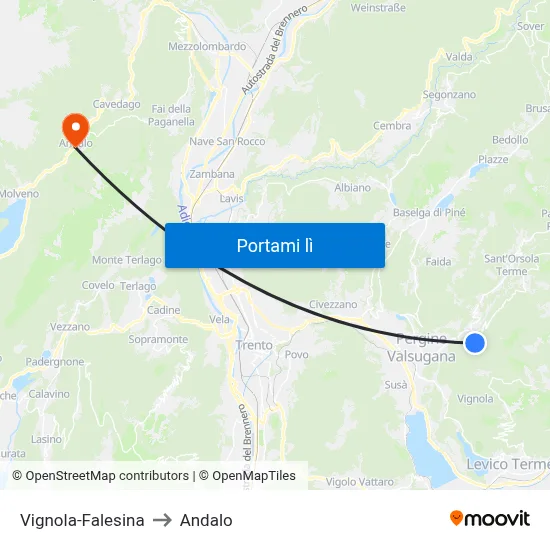 Vignola-Falesina to Andalo map