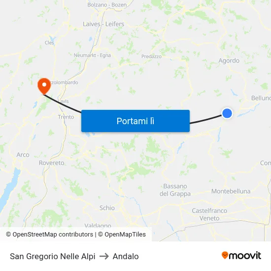 San Gregorio Nelle Alpi to Andalo map