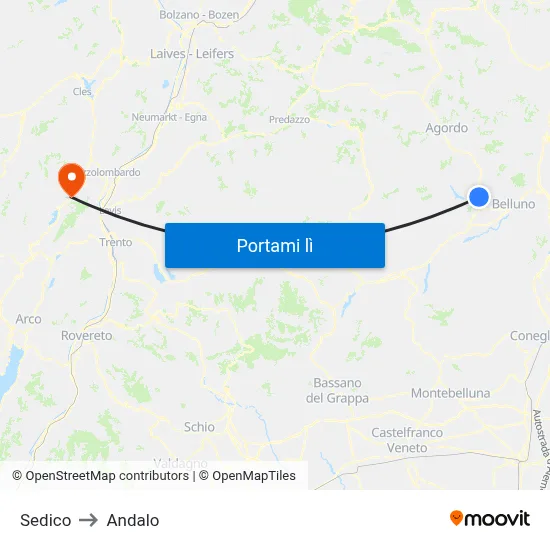 Sedico to Andalo map
