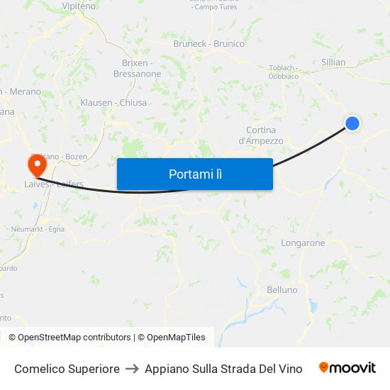 Comelico Superiore to Appiano Sulla Strada Del Vino map
