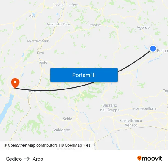 Sedico to Arco map