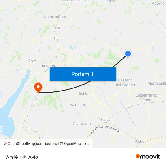 Arsiè to Avio map