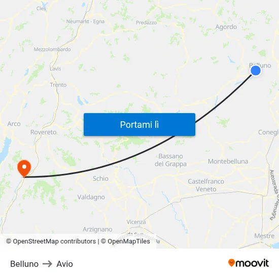 Belluno to Avio map