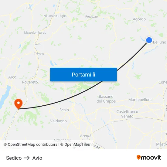 Sedico to Avio map