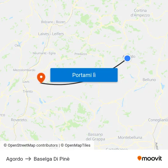 Agordo to Baselga Di Pinè map