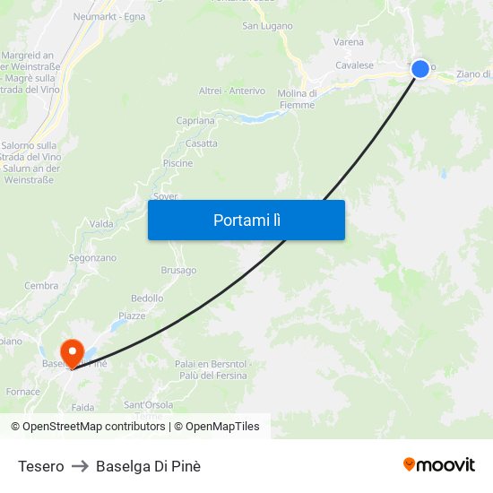 Tesero to Baselga Di Pinè map