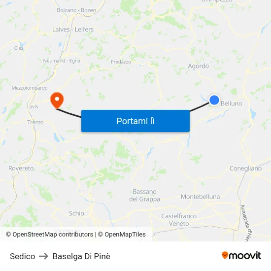 Sedico to Baselga Di Pinè map
