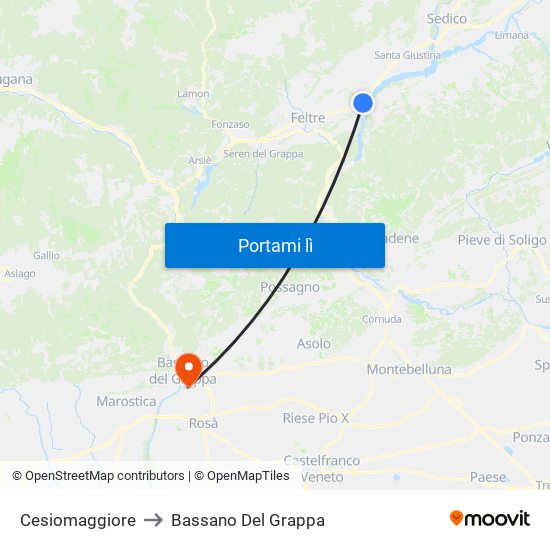 Cesiomaggiore to Bassano Del Grappa map