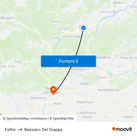 Feltre to Bassano Del Grappa map