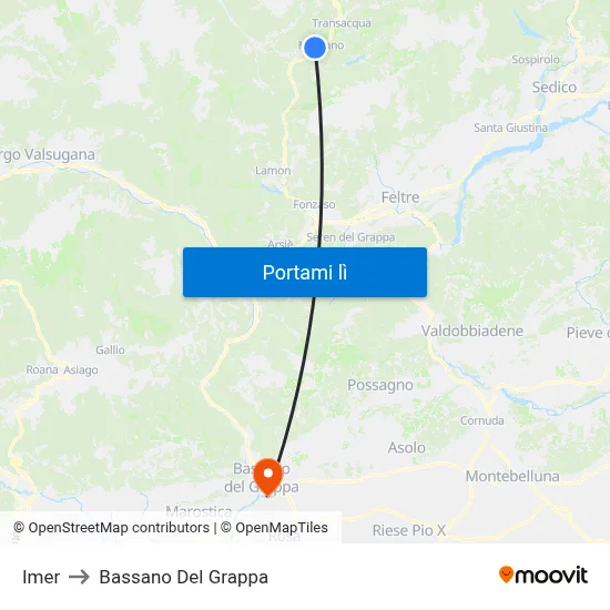 Imer to Bassano Del Grappa map