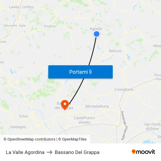 La Valle Agordina to Bassano Del Grappa map