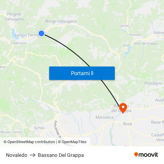 Novaledo to Bassano Del Grappa map