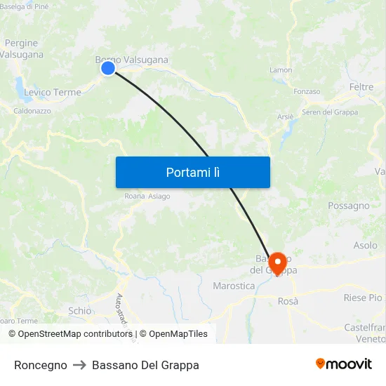 Roncegno to Bassano Del Grappa map