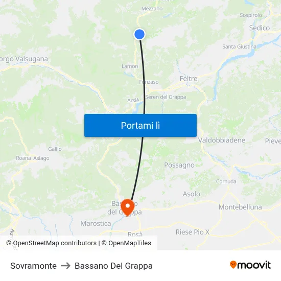 Sovramonte to Bassano Del Grappa map