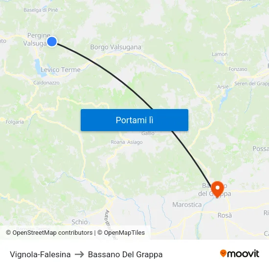 Vignola-Falesina to Bassano Del Grappa map